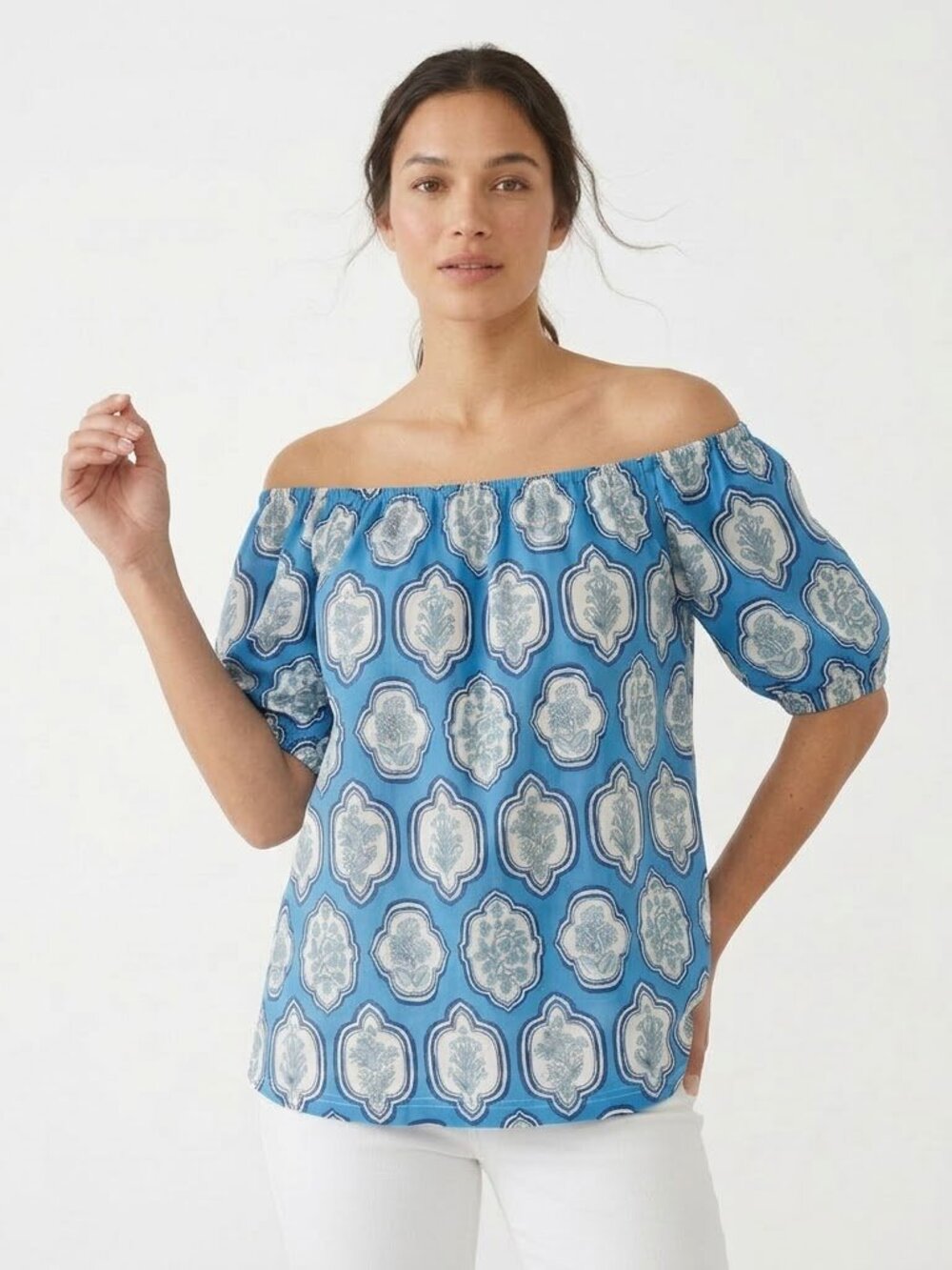 SMITH & QUINN Rhodes Off Shoulder Blue Medallion Print Top Large